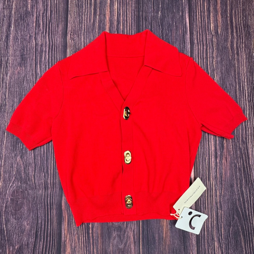 Commense Knit Cardigan Top Small Red Viscose Blend Preppy Retro Turn-Lock Crop